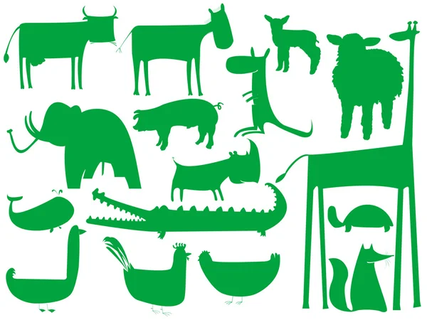 Ζωικές σκιαγραφίες πράσινο που απομονώνονται σε whi — Διανυσματικό Αρχείο