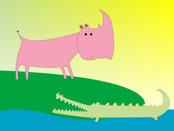 A krokodil és a rhino rajz — Stock Vector