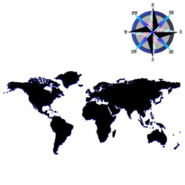 Black world map with wind rose clipart