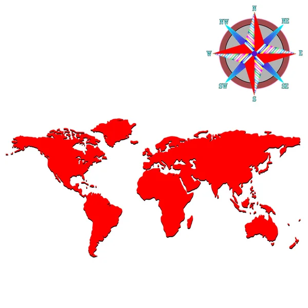 Rote Weltkarte mit Windrose — Stockvektor