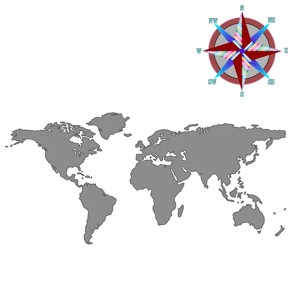 Carte du monde gris avec rose des vents — Image vectorielle