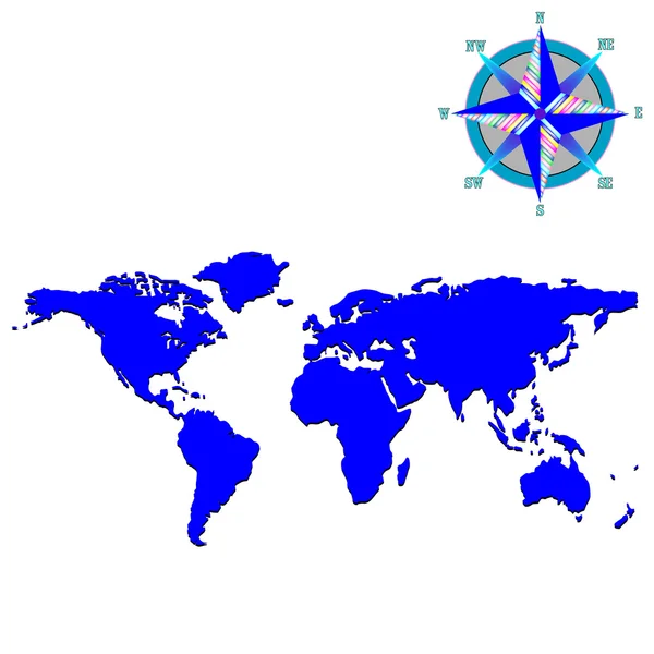 Carte du monde bleue avec rose des vents — Image vectorielle