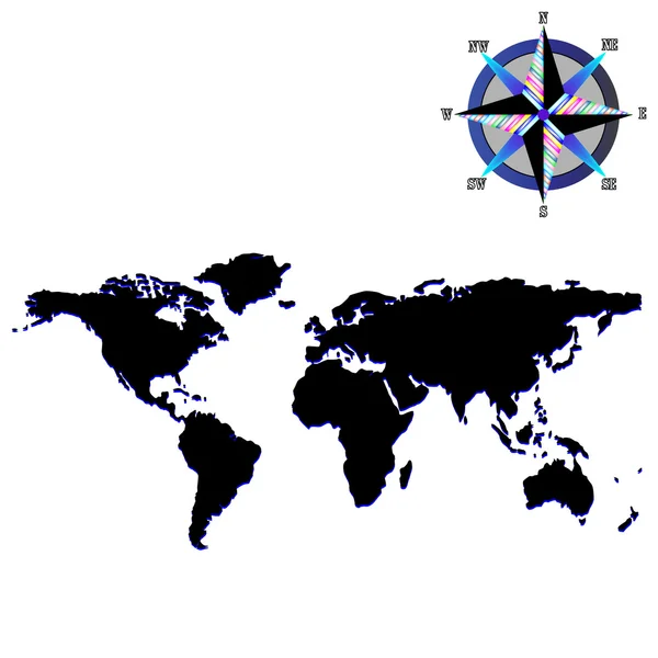 Schwarze Weltkarte mit Windrose — Stockvektor