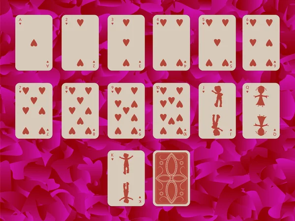 Oblek srdce hracích karet nad fialová — Stockový vektor