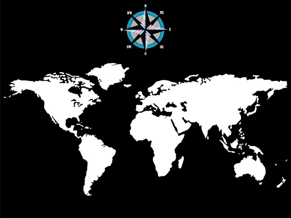 Carte du monde blanche avec rose des vents sur noir — Image vectorielle