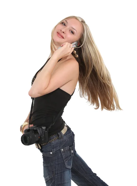 Mladá blondýna s fotoaparátem — Stock fotografie
