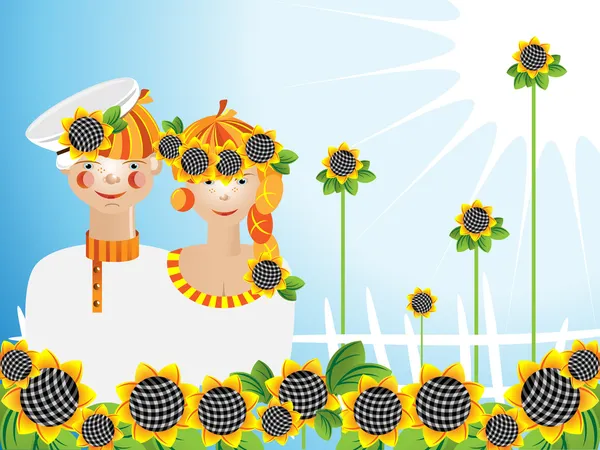 Girl_young man sunflowers — Stock Vector