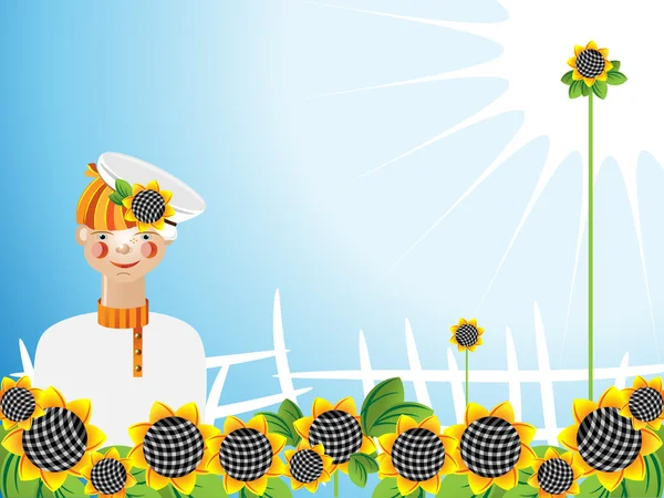 Jonge man zonnebloemen — Stockvector