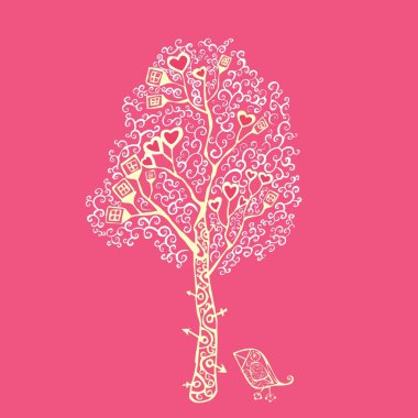 Cute valentine tree with bird, elements clipart