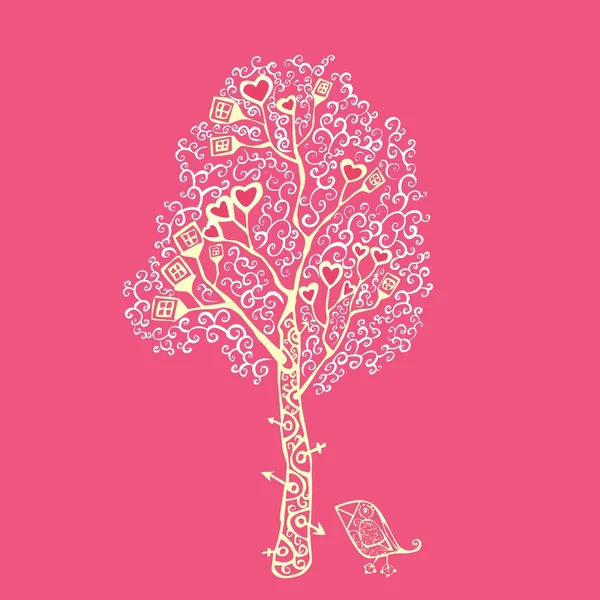 Mignon arbre de Saint-Valentin avec oiseau, éléments — Image vectorielle
