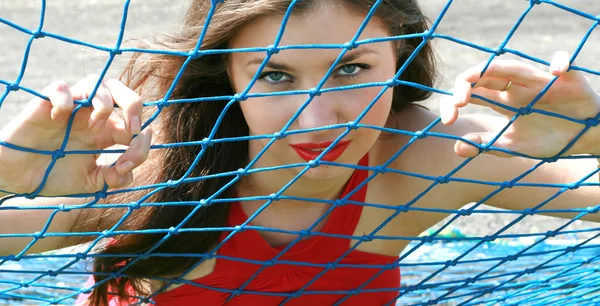 Woman for the football net — Stock Photo, Image