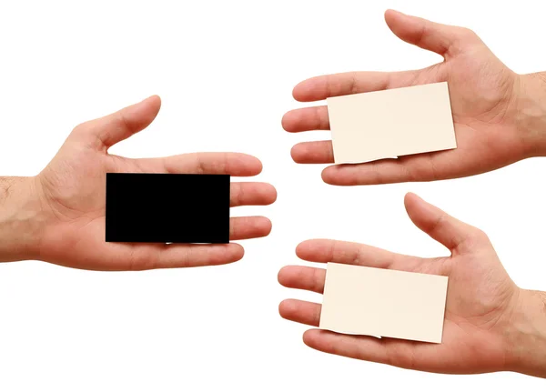 Three business cards in hand — Stock Photo, Image