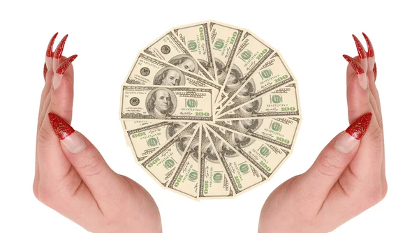 Range of one hundred dollars in hands — Stock Photo, Image