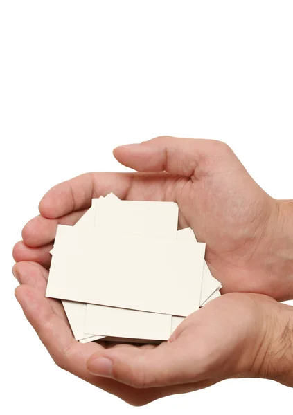 Many business cards in hands — Stock Photo, Image
