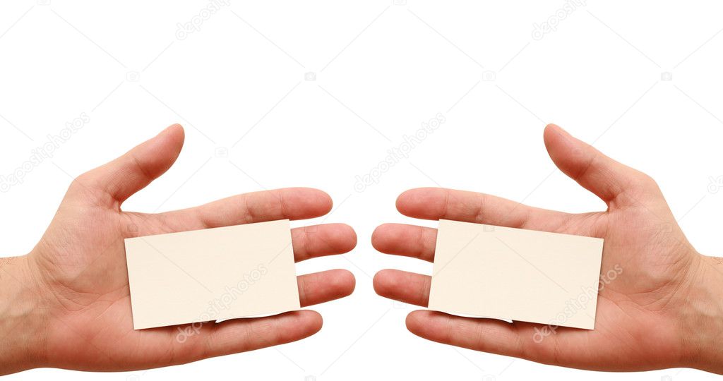 Two business cards in hands