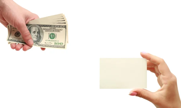 Pieniądze w ręce, biznes karty w dłoni — Zdjęcie stockowe