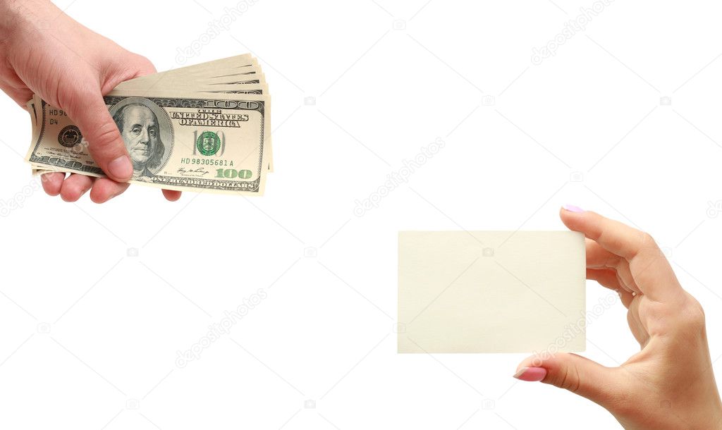 Money in hand, business card in hand
