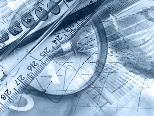 Magnifier, ruler and pen, collage (blue) — Stock Photo, Image