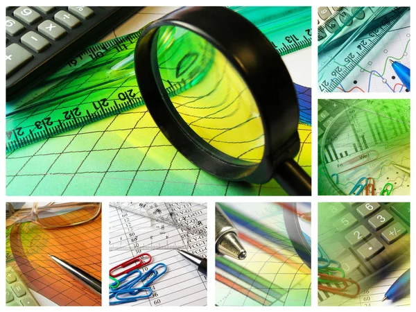 Magnifier, ruler and calculator — Stock Photo, Image