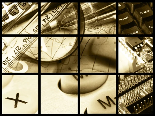 钢笔、 统治者、 放大镜和键 （棕褐色) — 图库照片