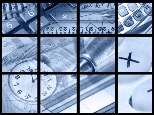 Bolígrafos, reglas, dinero y llaves (azul ) —  Fotos de Stock