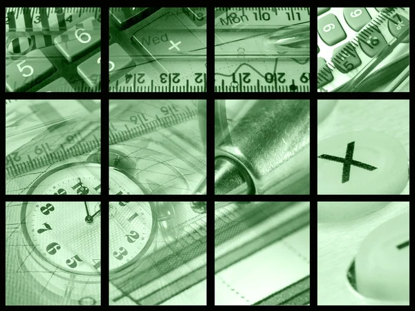 Kalemler, cetveller, para ve anahtarları (yeşil) — Stok fotoğraf