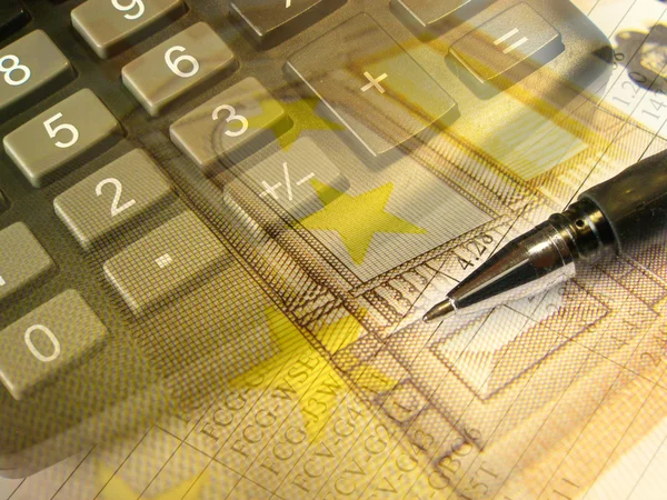 Grafik, penna, pengar och tangentbord, collag — Stockfoto