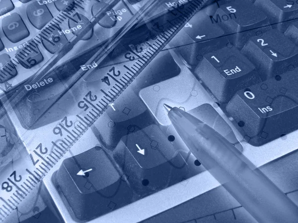 Gráfico, caneta, régua e teclado, collag — Fotografia de Stock