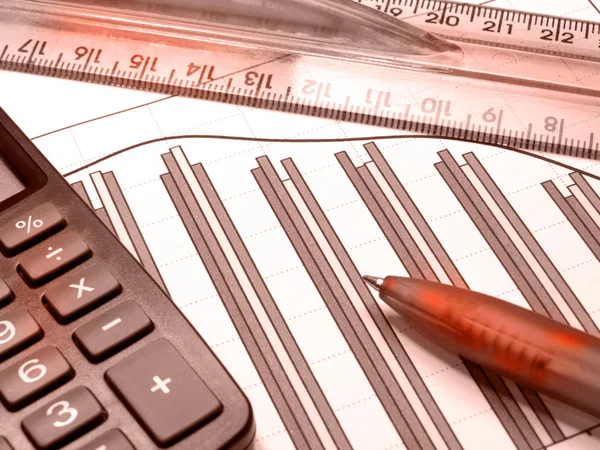 Graph, pen, ruler and calculator (red) — Stock Photo, Image