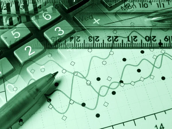 Gráfico, caneta e calculadora, colagem (gr — Fotografia de Stock