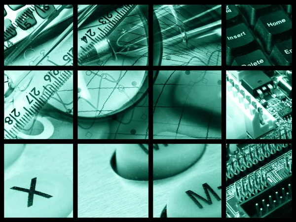 Pennen, linialen, Vergrootglas en sleutels (groen) — Stockfoto
