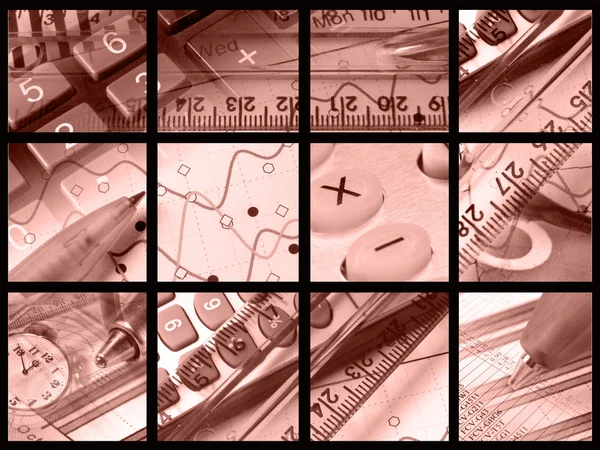 Kugelschreiber, Lineale, Uhr und Schlüssel (rot) — Stockfoto
