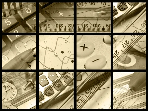 钢笔、 统治者、 时钟和键 （棕褐色) — 图库照片