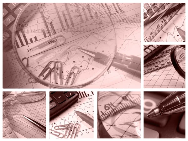 Vergrootglas, rekenmachine, liniaal en tabel — Stockfoto