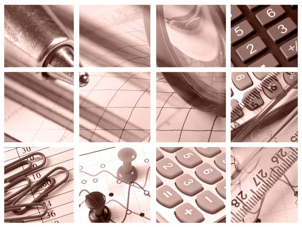 Förstoringsglas, linjal, pins och miniräknare — Stockfoto