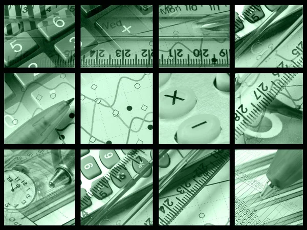 Kalemler, cetveller, saat ve anahtarları (yeşil) — Stok fotoğraf