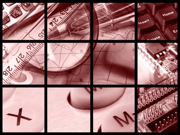 Pennor, linjaler, förstoringsglas och nycklar (röd) — Stockfoto