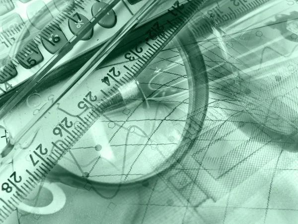 Magnifier, ruler and pen — Stock Photo, Image