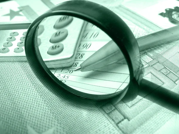 stock image Table, magnifier, money and calculator