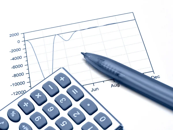 Graph, pen and calculator (blue) — Stock Photo, Image