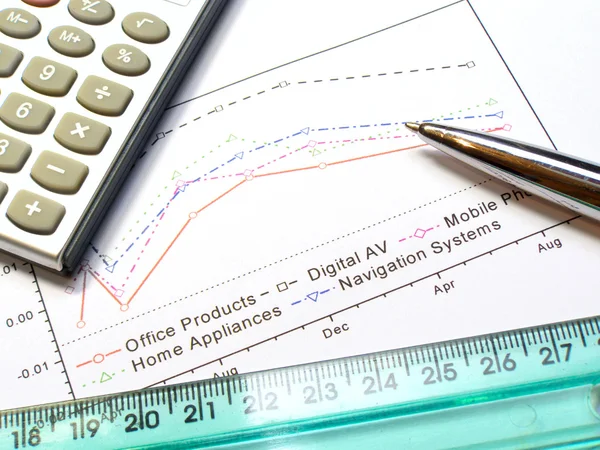 Graph, ruler, pen and calculator — Stock Photo, Image