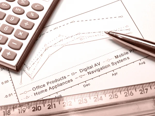 Graph, ruler, pen and calculator (red) — Stock Photo, Image