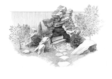 Grotto with a bench clipart