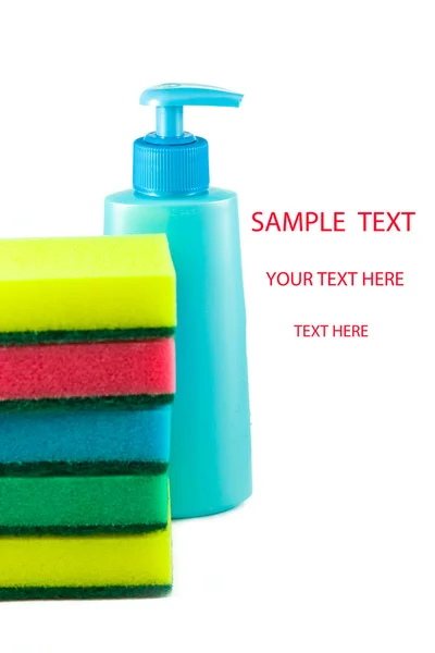 Washing-up liquid and sponges — Stock Photo, Image