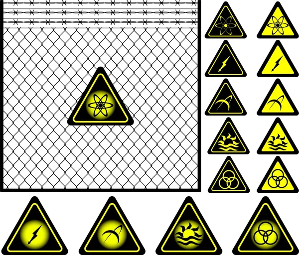 Vezetékes háló kerítés és figyelmeztető jelek — Stock Vector