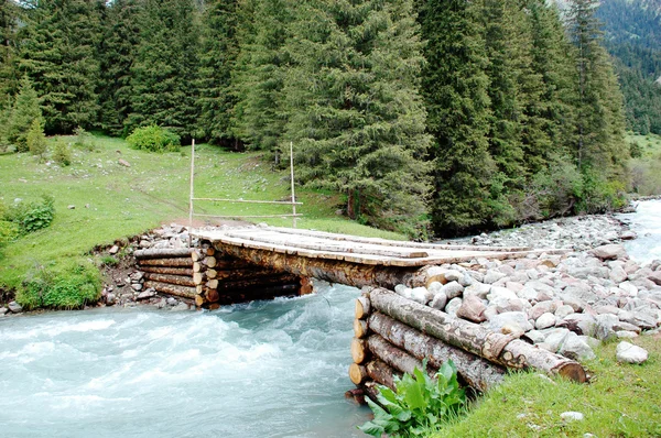 Träbro genom liten flod — Stockfoto