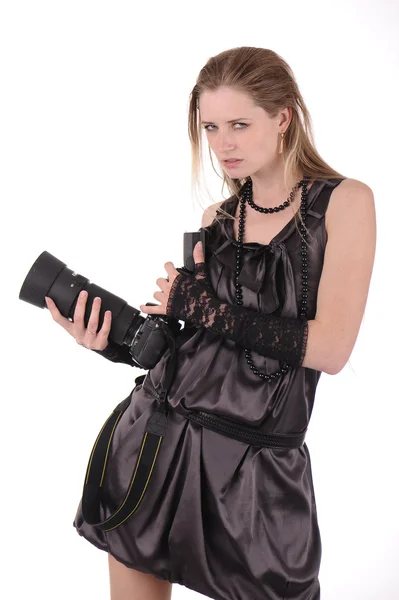 Evill kobieta z aparat fotograficzny — Zdjęcie stockowe