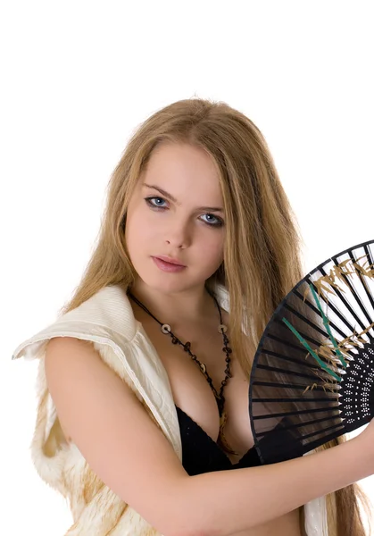 Блондинка з чорним вентилятором — стокове фото