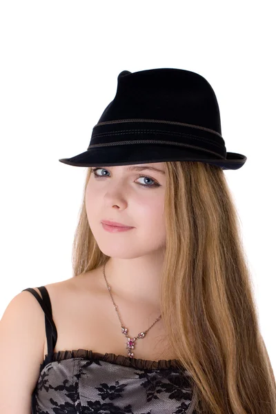 Blondin i en svart hatt — Stockfoto