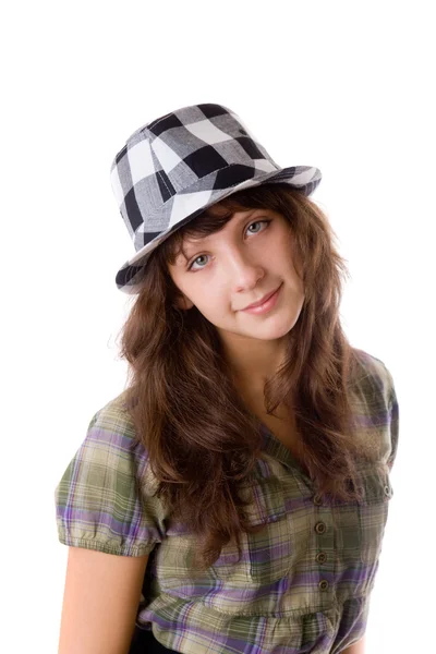 Girl in a checkered hat — Stok fotoğraf